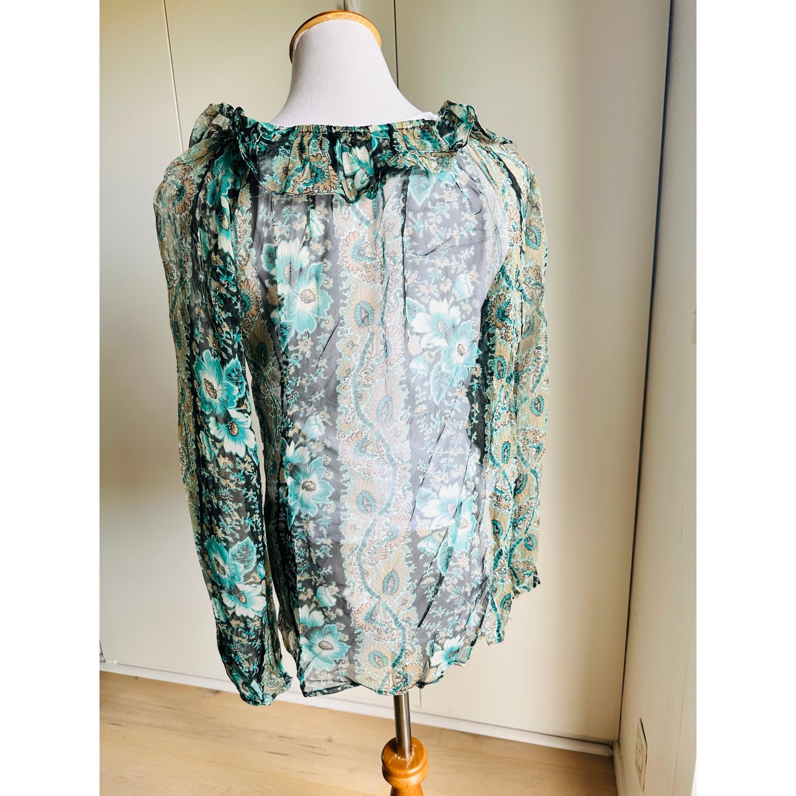 Womens Vintage Sheer Floral Poet Blouse Teal White ruffled Collar Designer