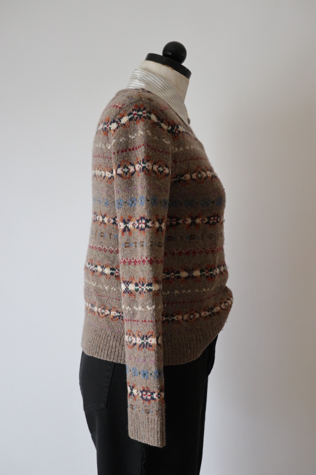 Ralph Lauren Beige Wool Cashmere Fair Isle Crewneck Handknit Sweater Women XS S