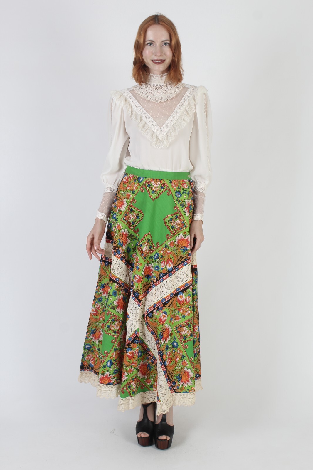 Vtg Long Full Skirt Paisley Handkerchief Hanky Sirt Crochet Maxi Bandana Hippie