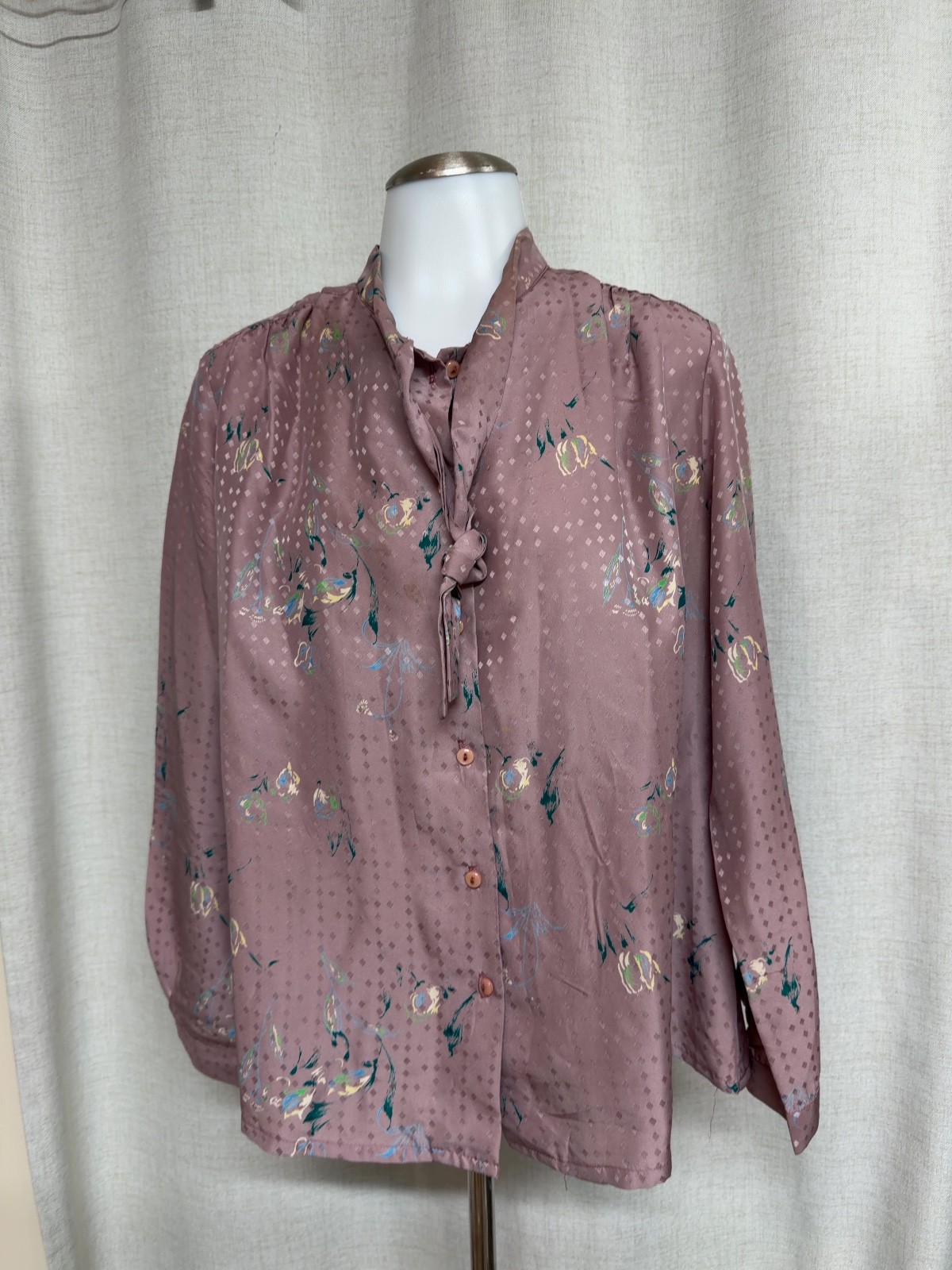 VINTAGE Mauve Floral Blouse top Tie Neck Long Sleeve Jacquard Shirt Sz L RC