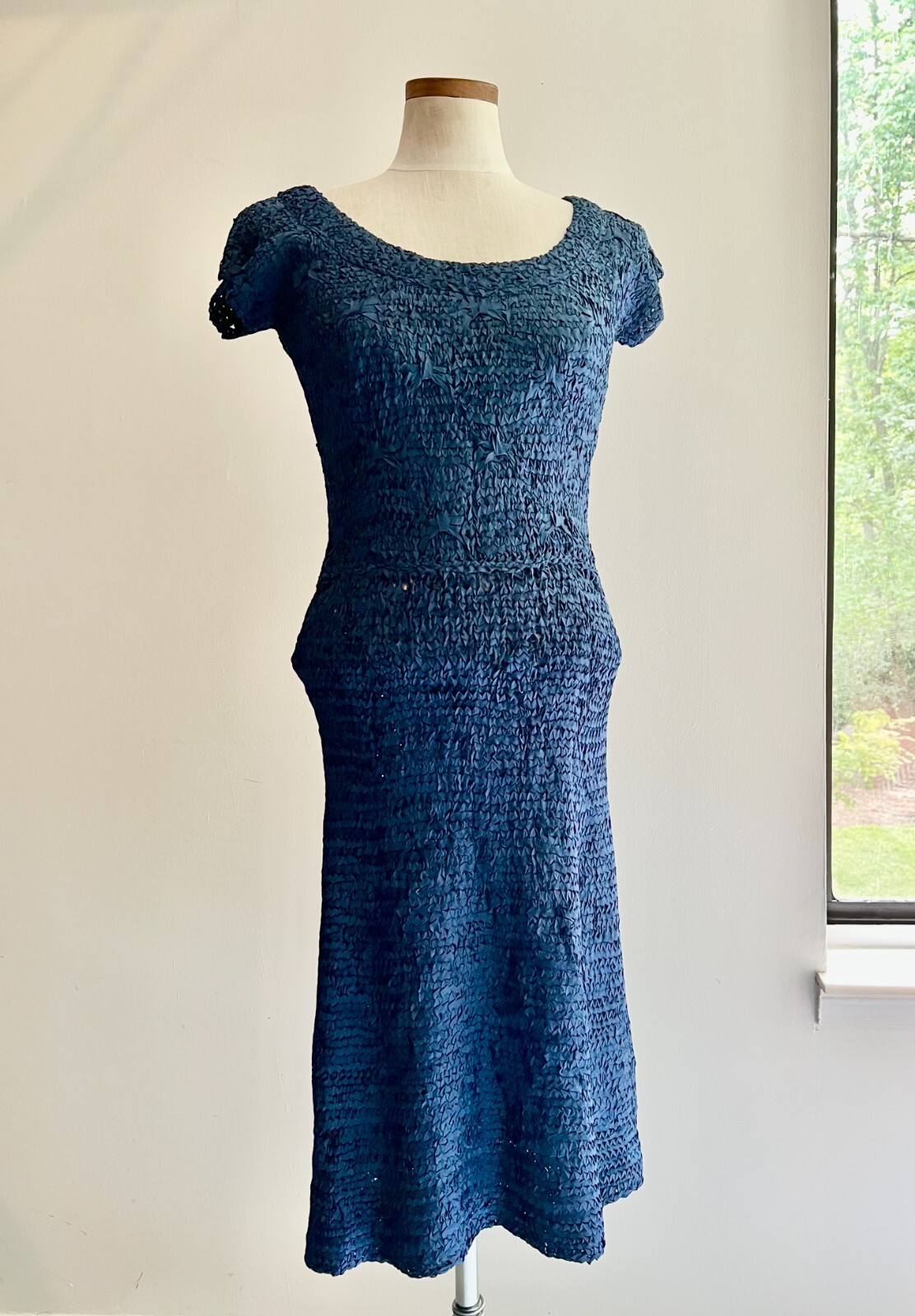 1940s Vintage Bea Magnus Navy Blue Ribbon Knit Dress and Sweater Set – S/M