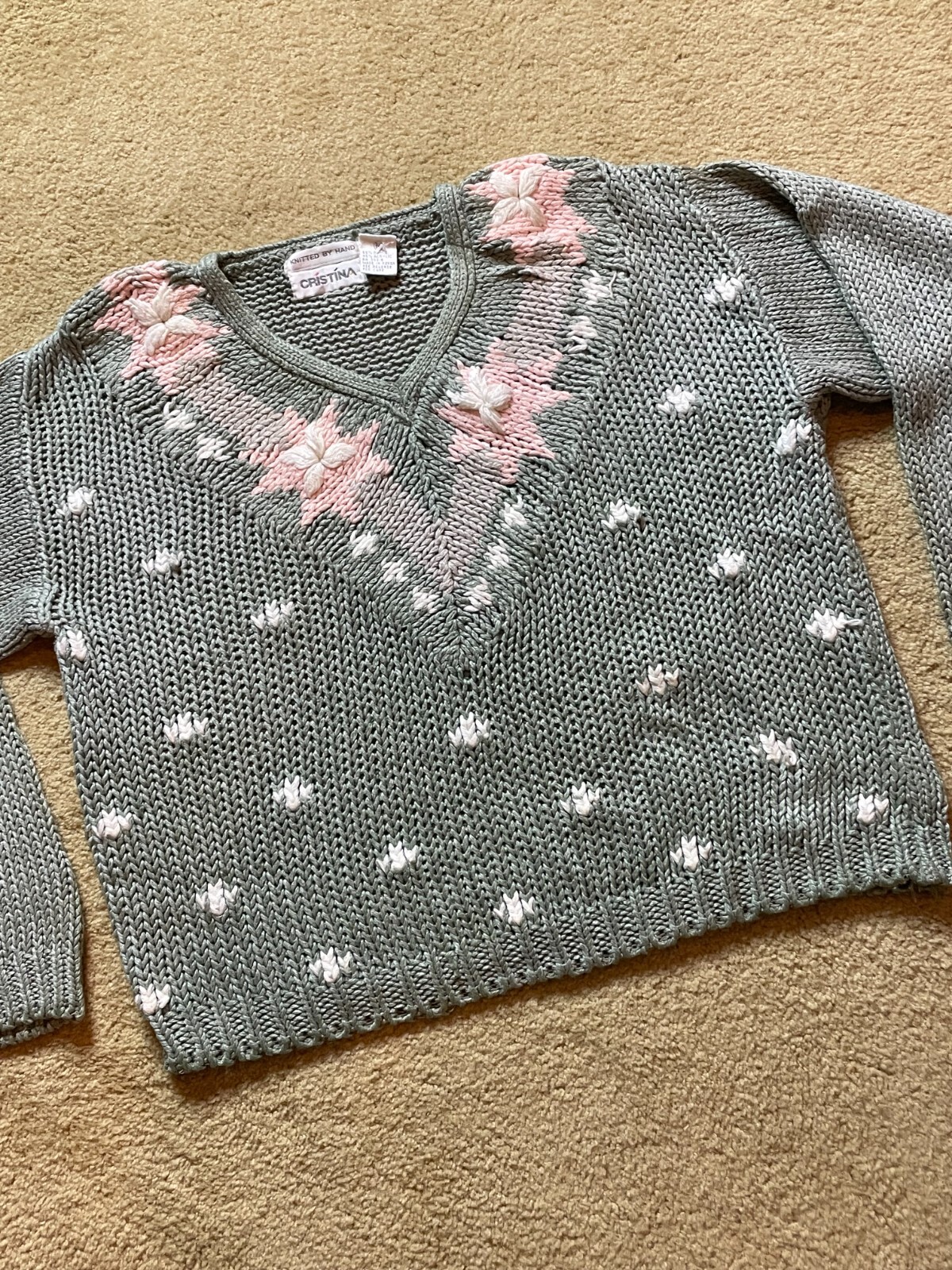 Vintage 80s Slouchy Chunky Hand Knit Granny Core Pullover Sweater Snowflake M
