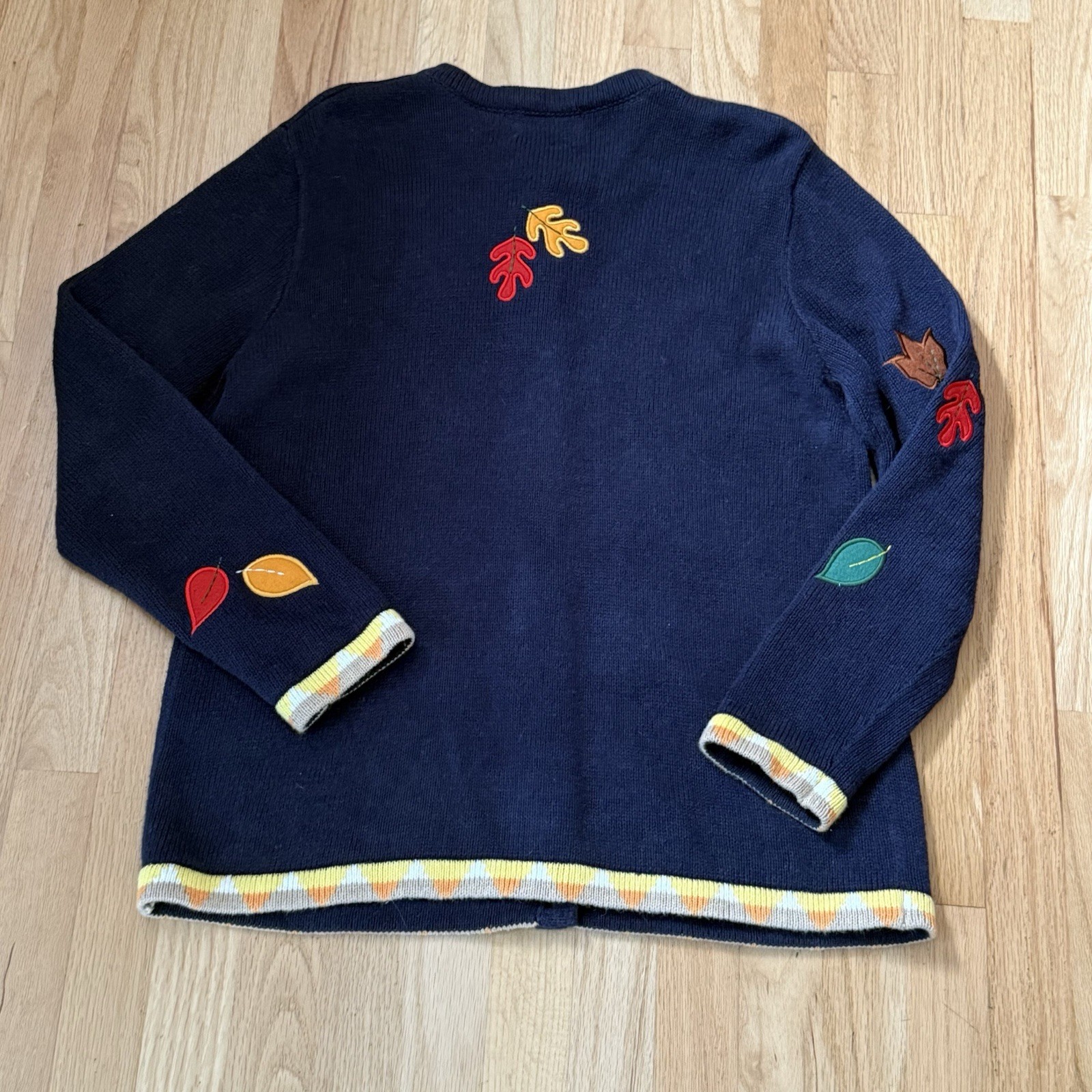 The Quacker Factory Cardigan Sweater Autumn Greetings Navy Blue Ramie Cotton Med