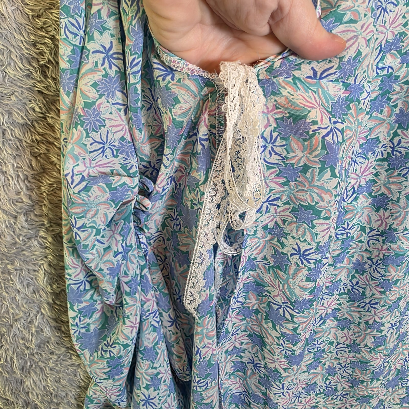 ​Vtg 80s Peplum Blue Floral Wrap Dress Puff Sleeve Ruffles Cottagecore S M USA