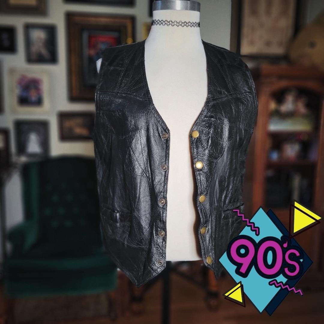 Italian Stone Design Leather Vest Vintage 90s Black Patchwork Biker Moto Women M
