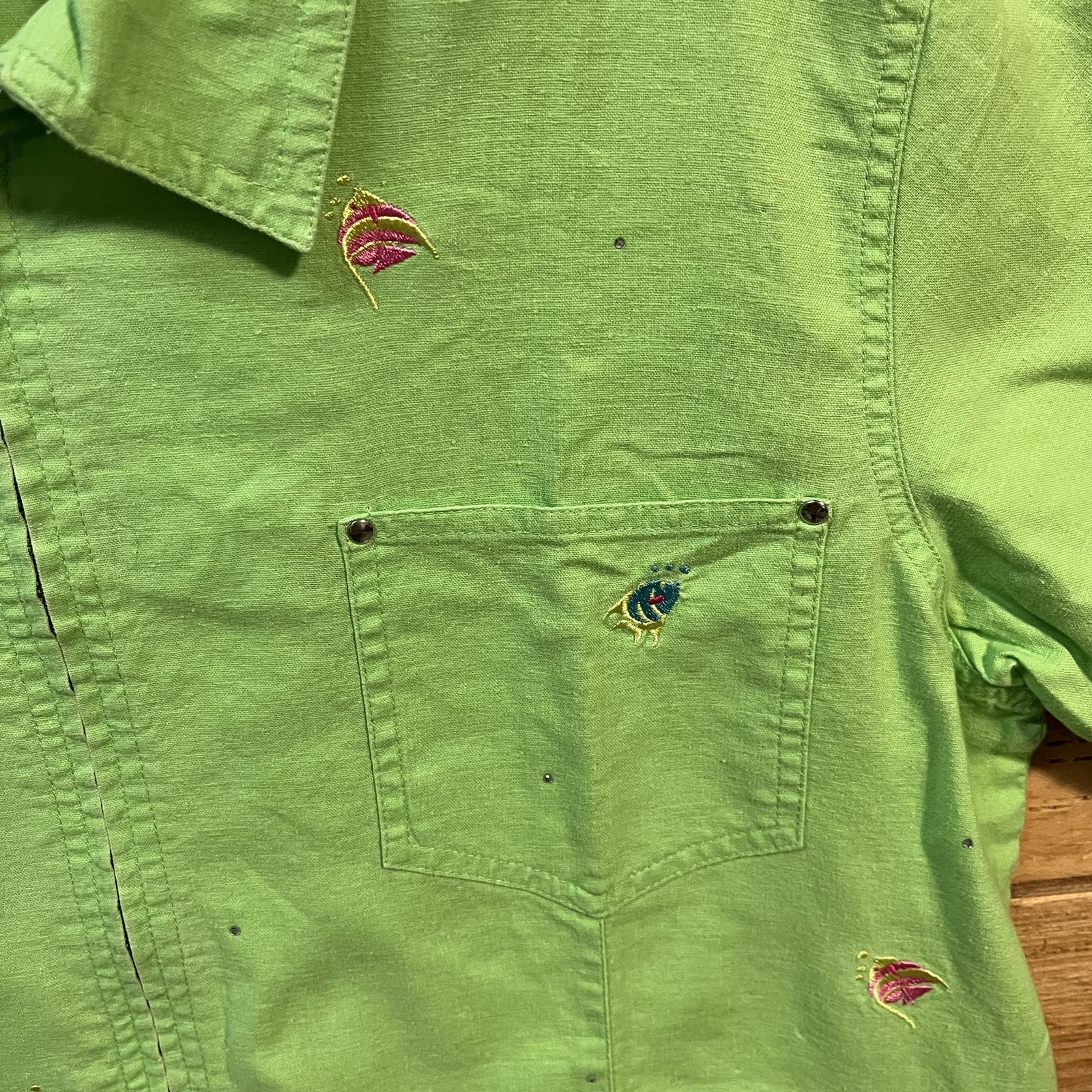 1990’s Vintage The Quacker Factory Womens 1x Green Fish Shirt Zip Up Linen