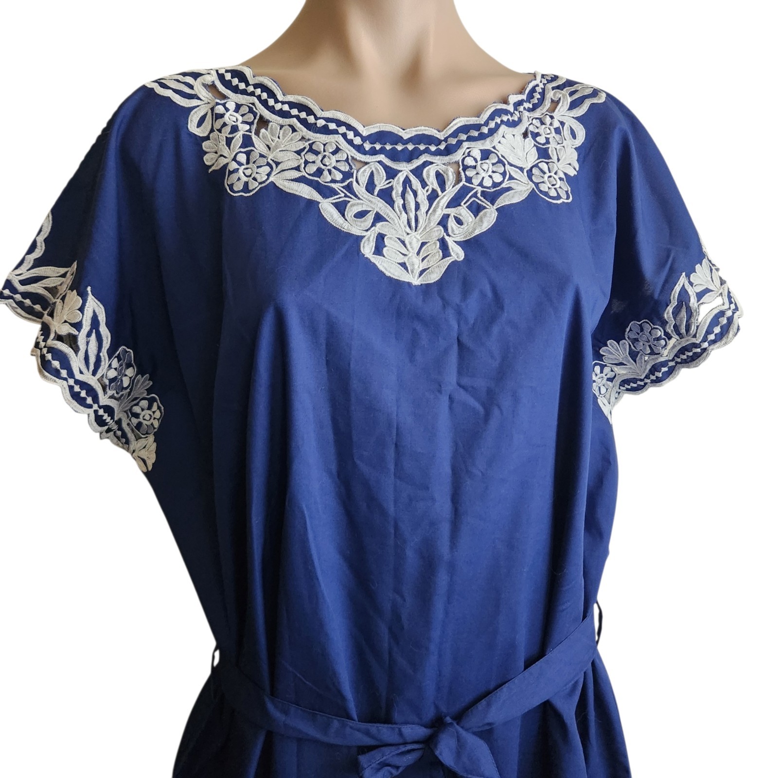 VTG 60s Caro Of Honolulu Hawaiian Aloha Dress Embroidered Blue MCM Boho Hippie