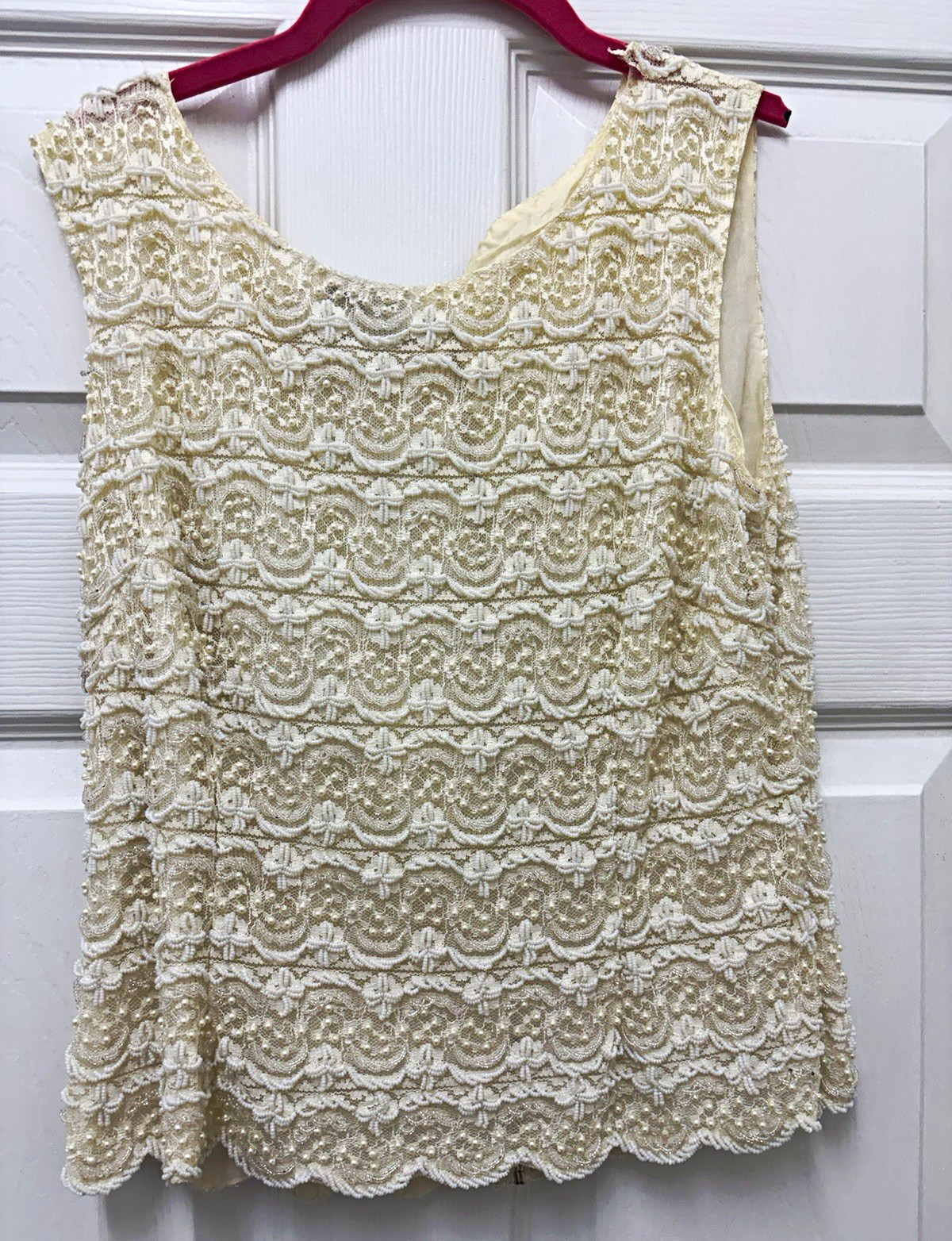 Vintage 1960s Regalia Imports Beaded Silk Lace Top Sleeveless Shell Cream S