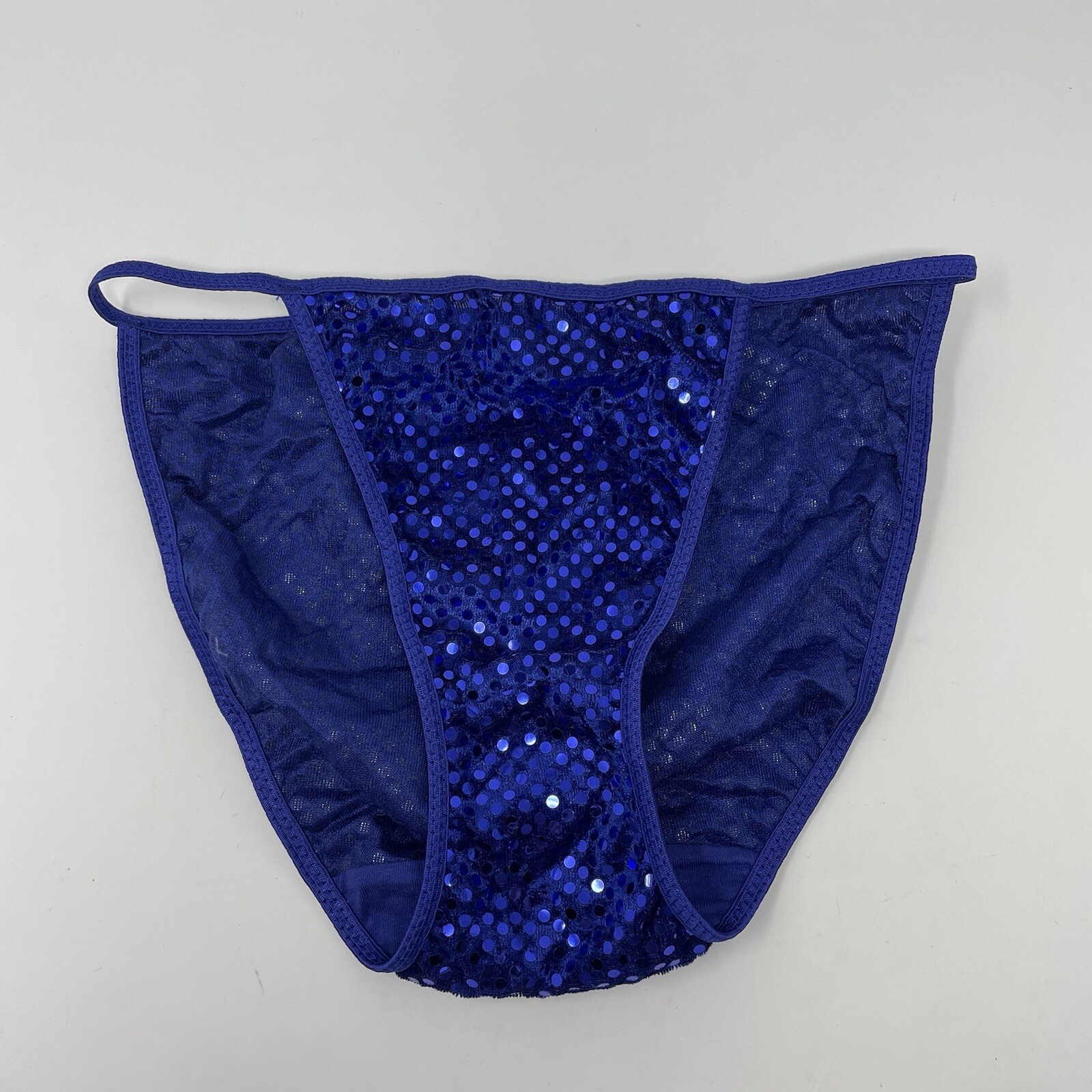 VTG Velvet String Bikini Panties Polka Dot sz M Hi Leg Cut High Blue Sz M