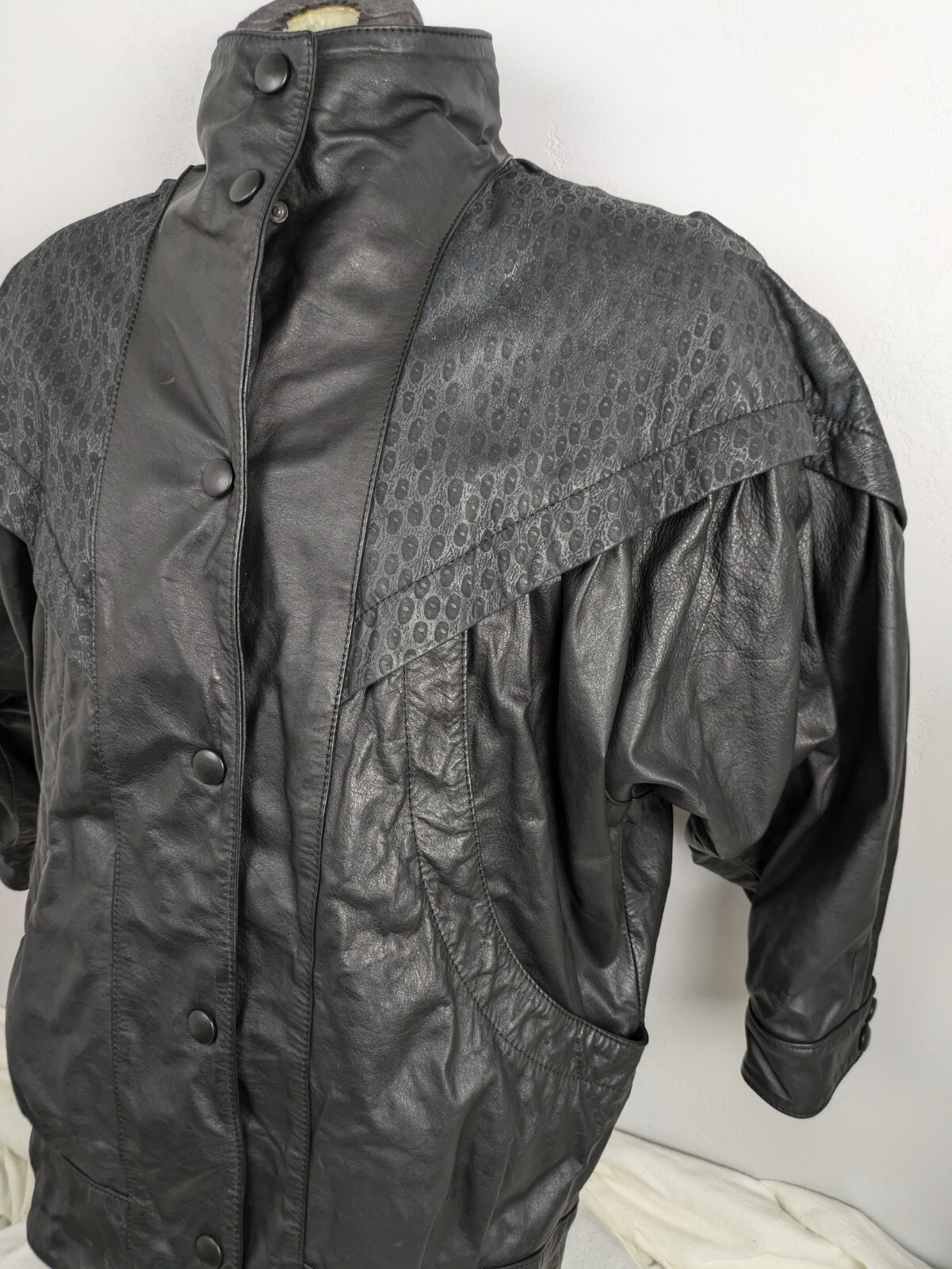 Womens Leather Leopard Print Black 80’s Jacket Size Med Bomber Biker Rocker