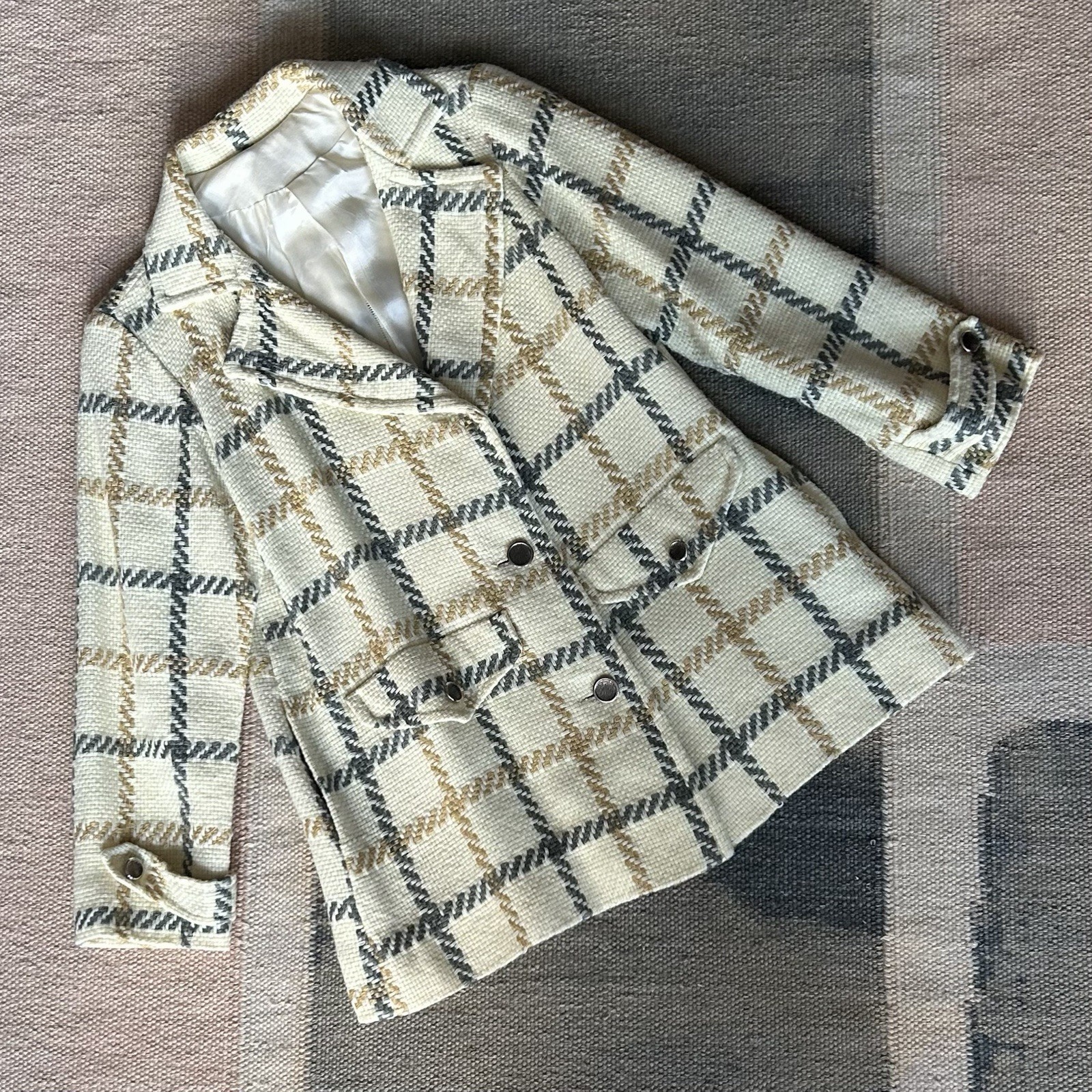 Vintage Handmade 70s Cream Plaid Tweed Jacket sz S/M