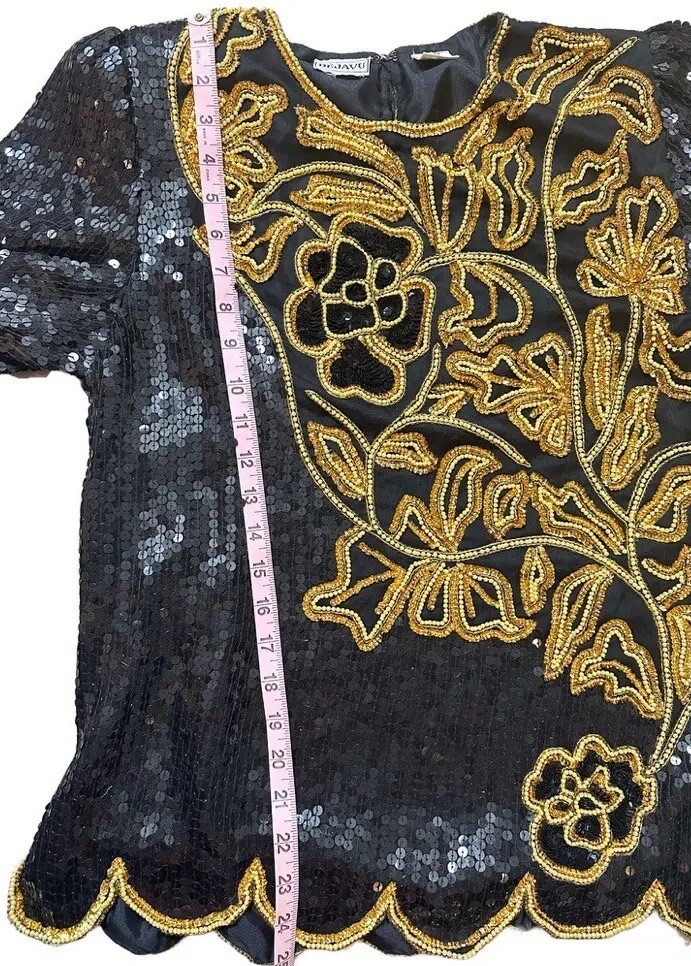 80s DEJAVU Silk Black And Gold Beaded Glam Sequin Top Woman Medium