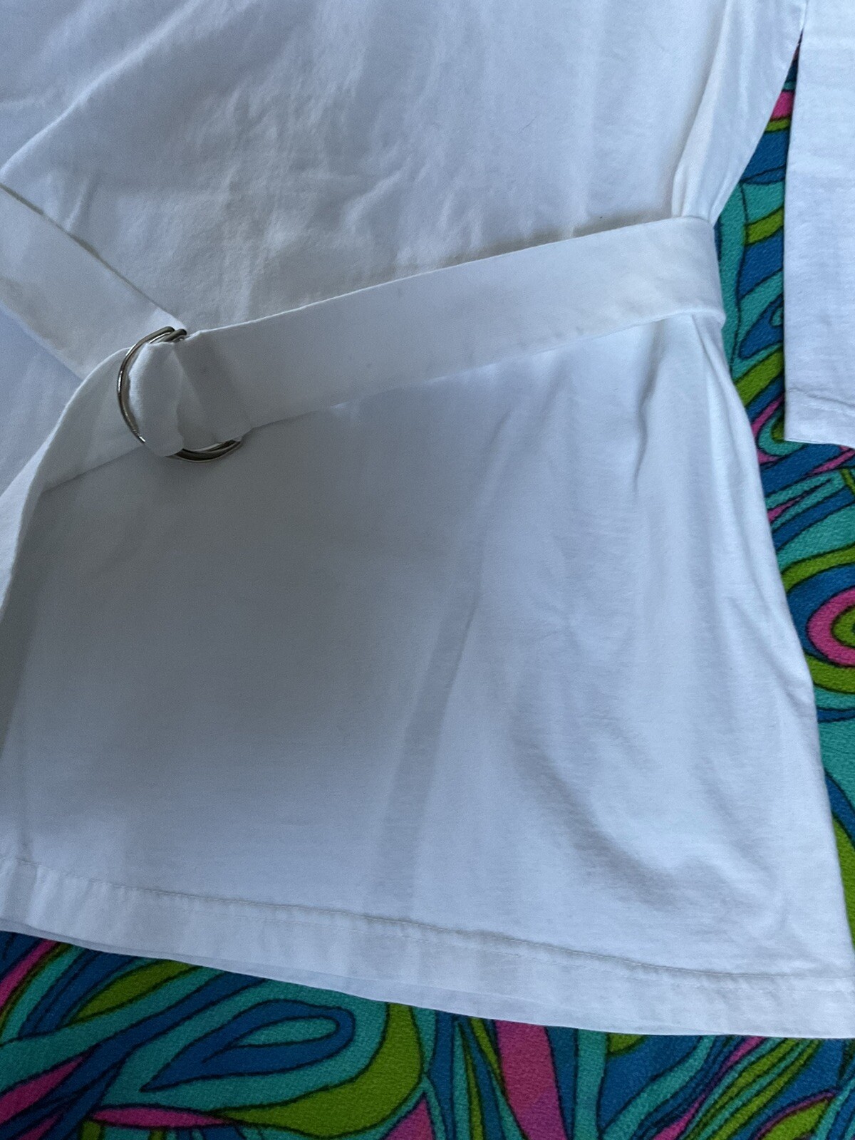 Vintage White DressyT-Shirt 3/4 Sleeve Metal Ring Matching Belt Newport News 90s