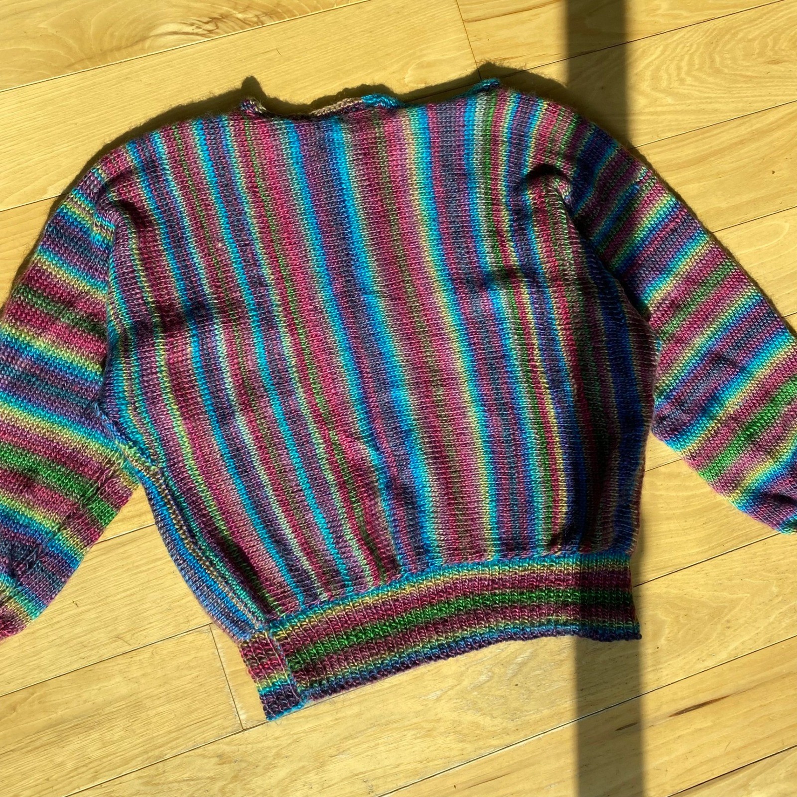 VTG Handknit Colorful Striped Balloon Sleeve Bubble Hem Sweater Twee Grandmacore