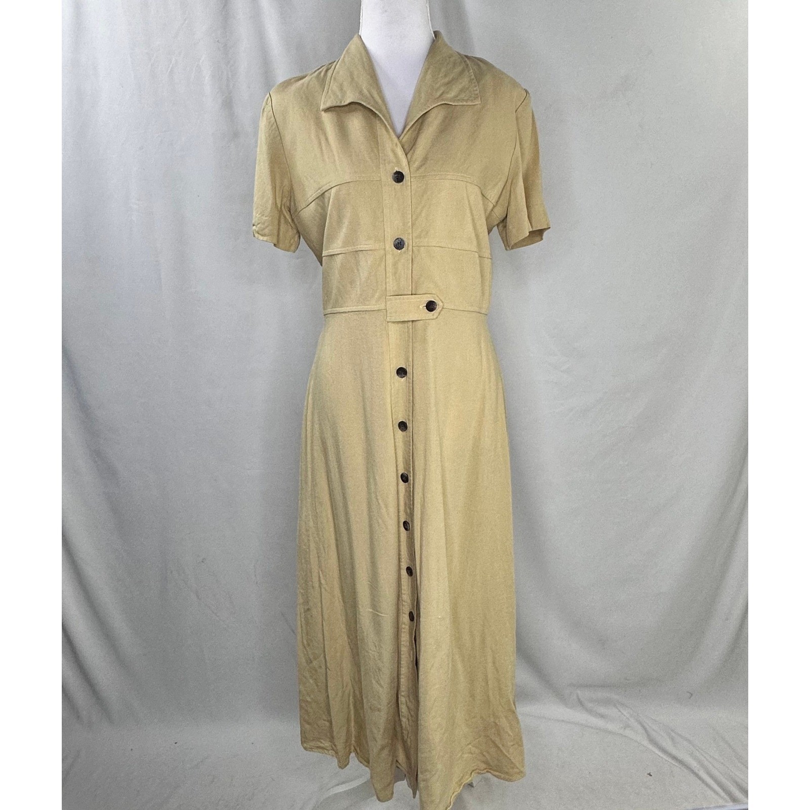 Vintage Julian Taylor 10 Midi Dress Tan Linen Blend Button Front Safari Modest