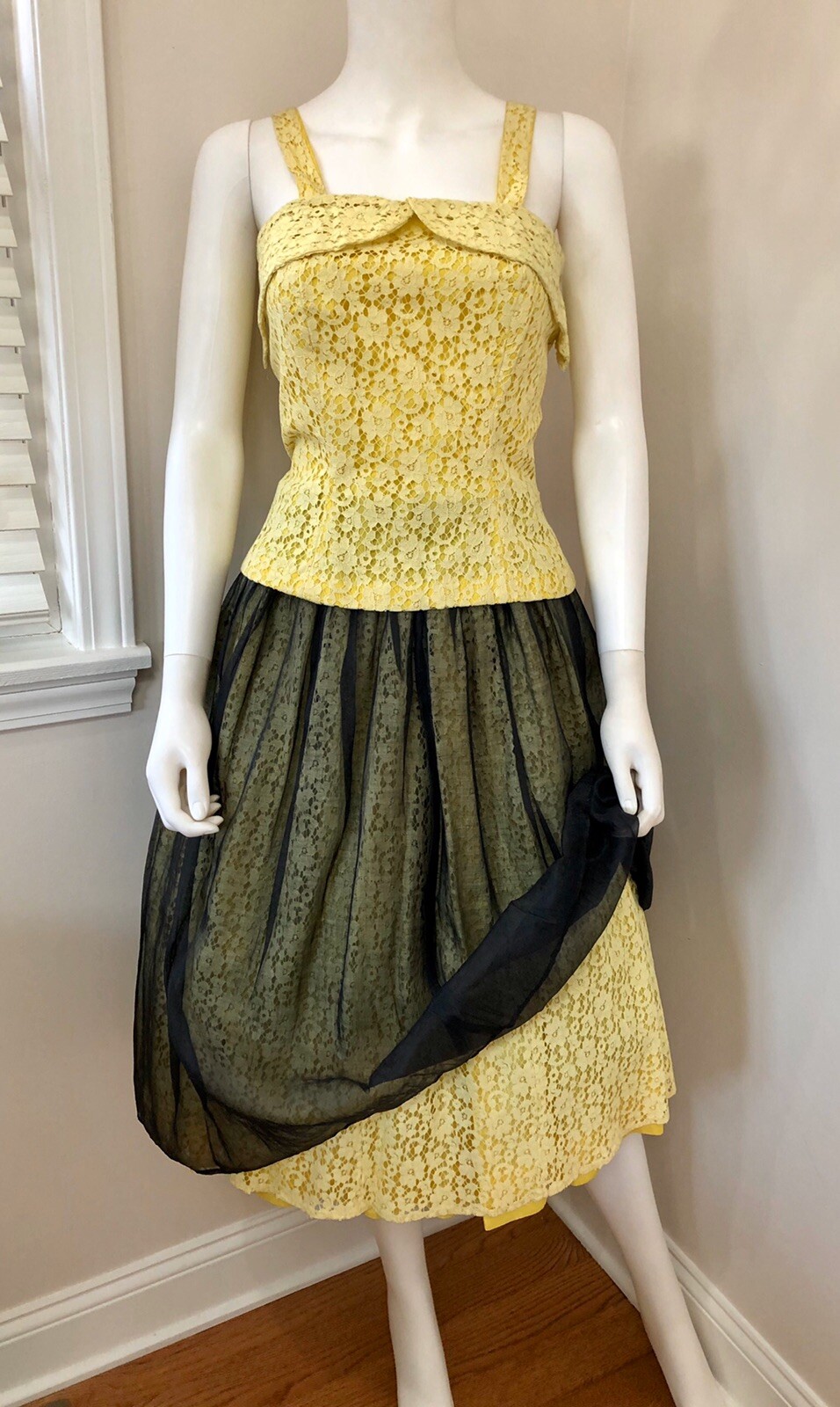 SCARCE VTG 1950s Designer GRETA PLATTRY Yellow Lace & Organdy PATIO SUNDRESS SET