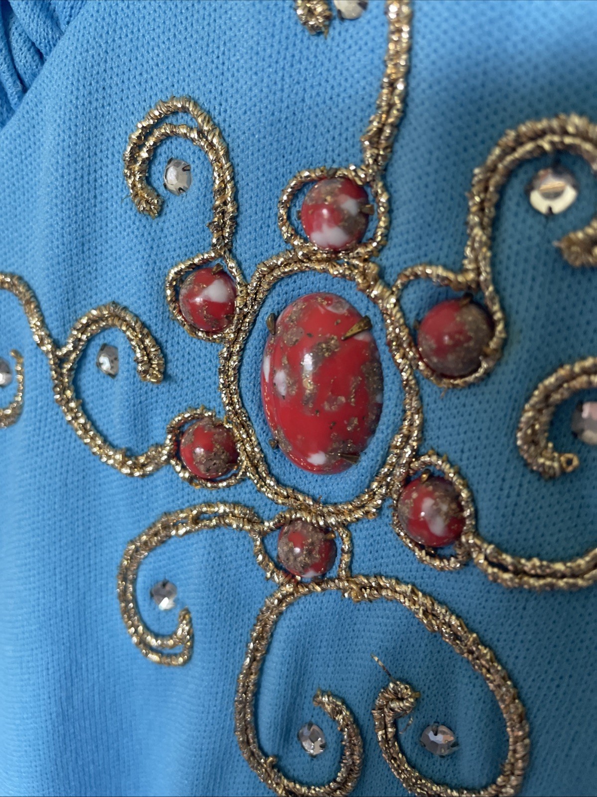 Vintage 1970’s Maxi Dress Turquoise With Stones And Gold Embroidery Women’s S/M