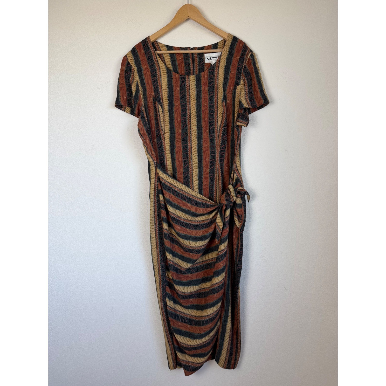 VTG S.L. Fashions Size 18 Striped Midi Dress Side Tie Drape 90s Boho Art To Wear
