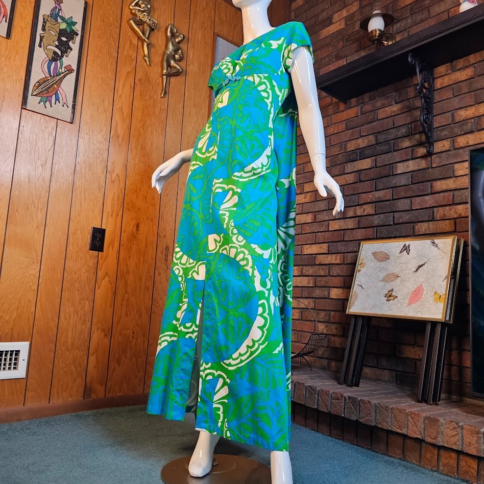 Vtg 60s Liberty House Hawaiian Watteau Waterfall Train Shelf Bust Luau Dress M/L