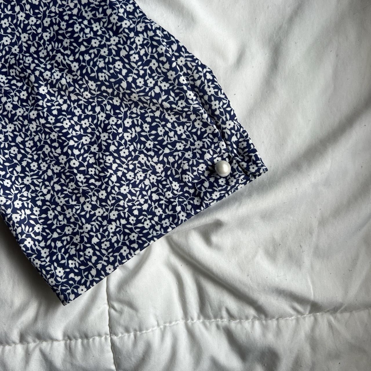 Vintage Pleated Dress Navy White Floral Polka Dot Long Sleeve