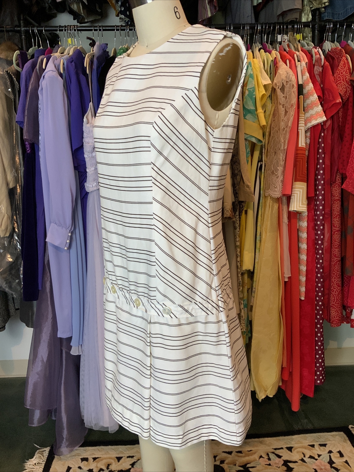 1960s White & Black Striped Culotte Dress Cotton Size 8 Bust 35 Sleeveless Mint