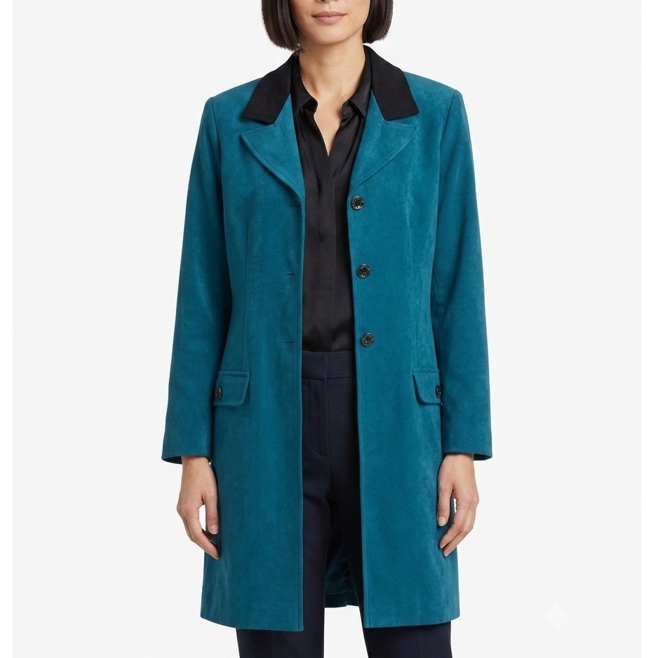 Vintage D.J. Summers Teal Blue Longline Blazer Coat Black Collar Size 14