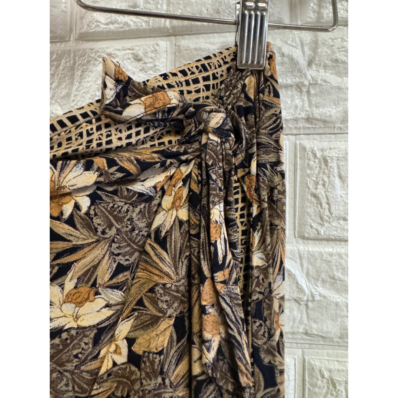 Vintage Express Tropical Floral Wrap Maxi Skirt Brown Tan Botanical 90s Boho