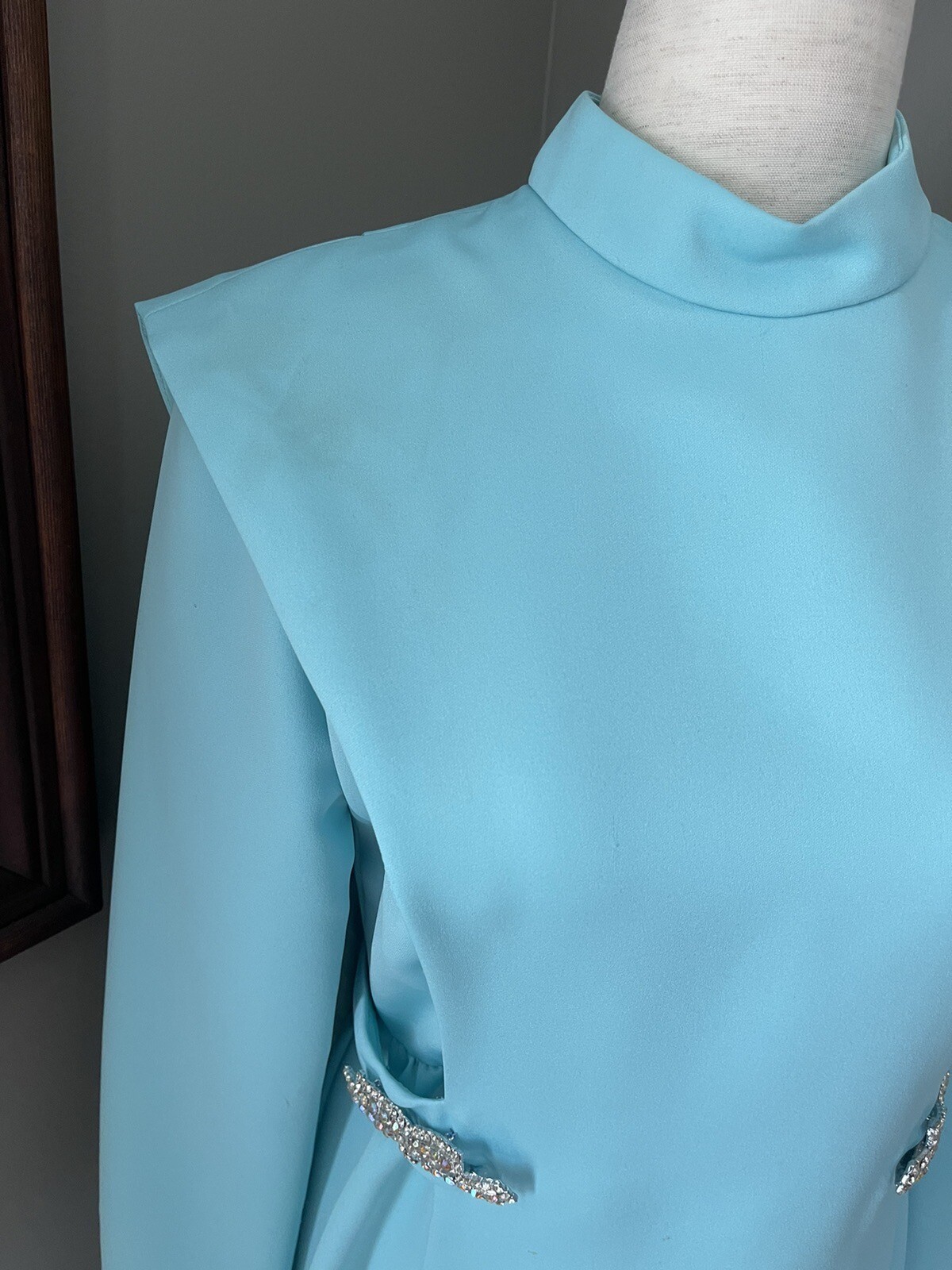 Vintage 1950s -60s Formal Gown Dress Teal Blue Embellished Crystals Horror Movie