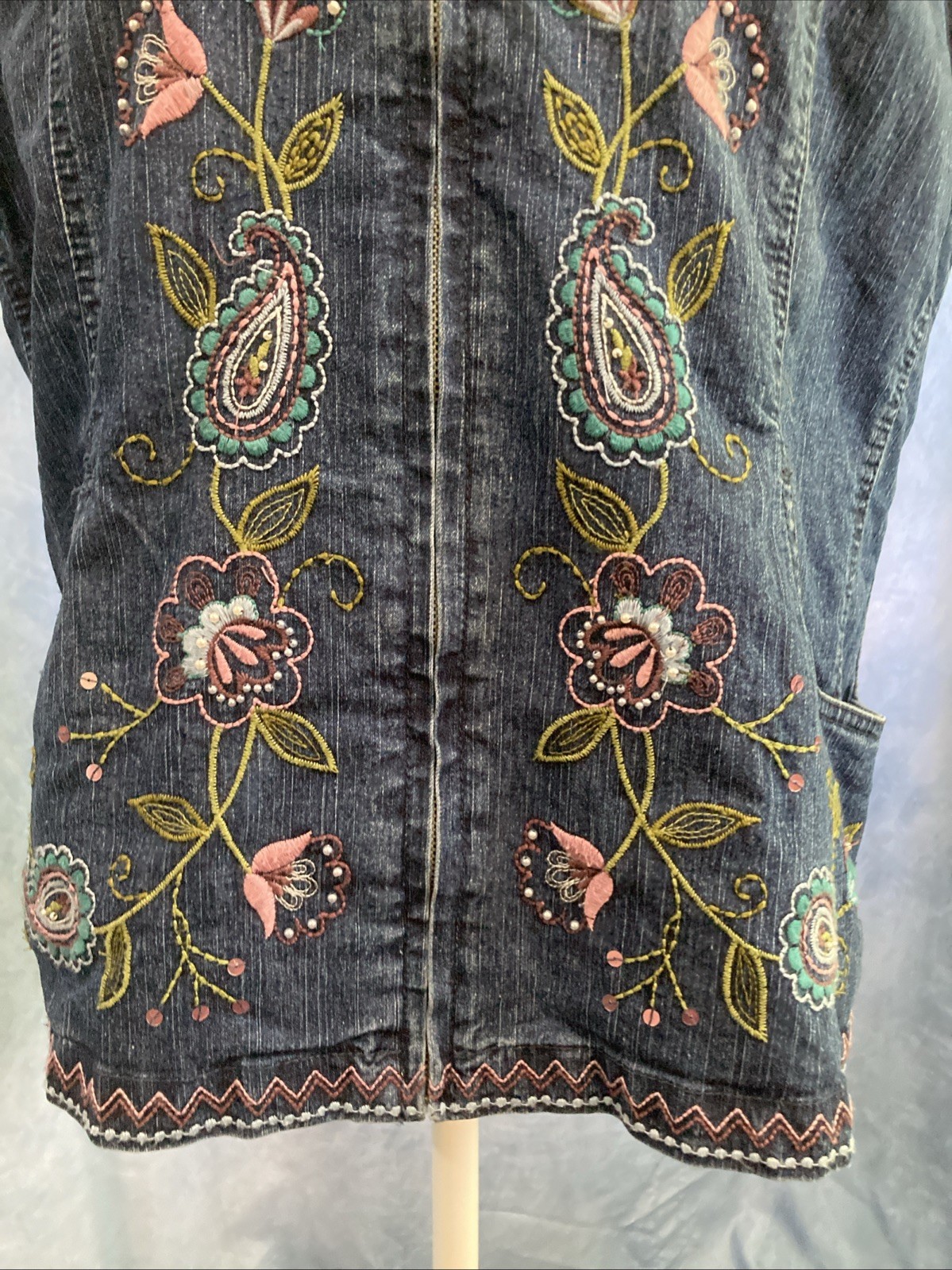 Vtg 90s Y2K Alfred Dunner Embroidered Denim Vest Granny Cottagecore Floral Sz 8