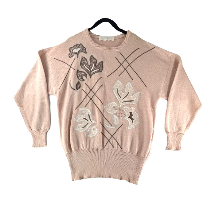 ESCADA Sweater Womens Sz M 38 Pink Embroidery Beads Margaretha Ley VTG 80s READ
