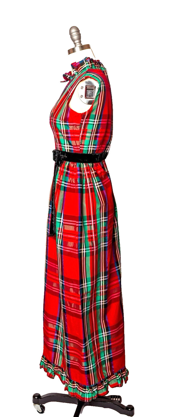 Vintage Norman Sacks Long Red Plaid Ruffled Dress Size XS