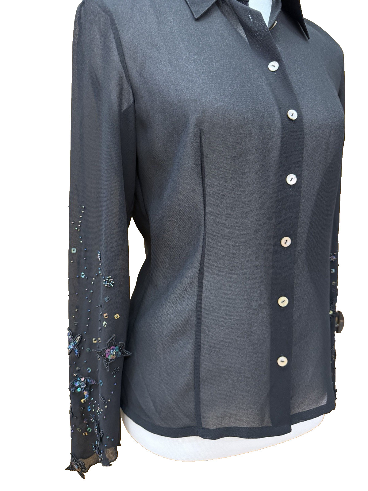 Vtg Sz 4 Womens Black Blouse Semi-Sheer Sequin Slv Embellishment Dark Romantic