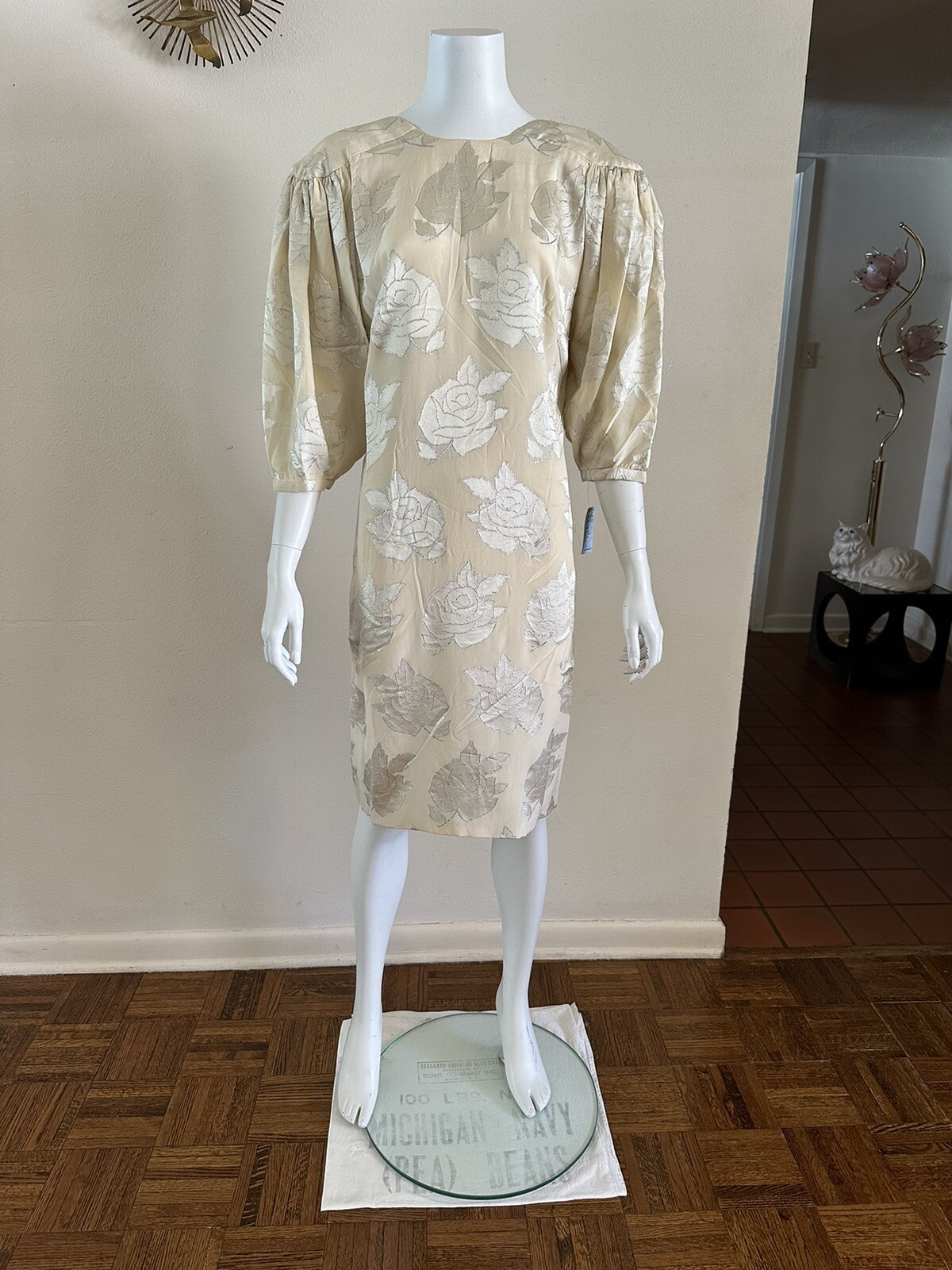 1980s Hanae Mori Silk Dress Metallic Rose Damask Bow Frost Bros VTG