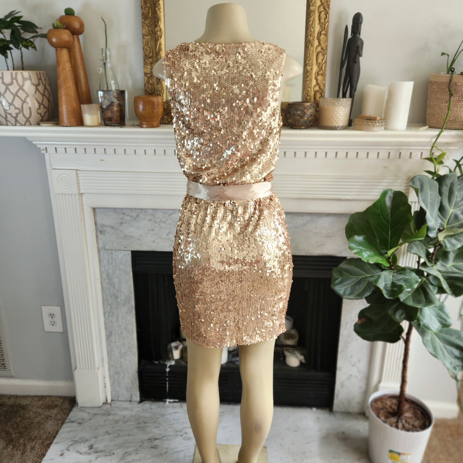 Vintage 90s Cache Gold Sequin Mini Dress Sz 4 Y2K Party Cowl Stretch Party Glam