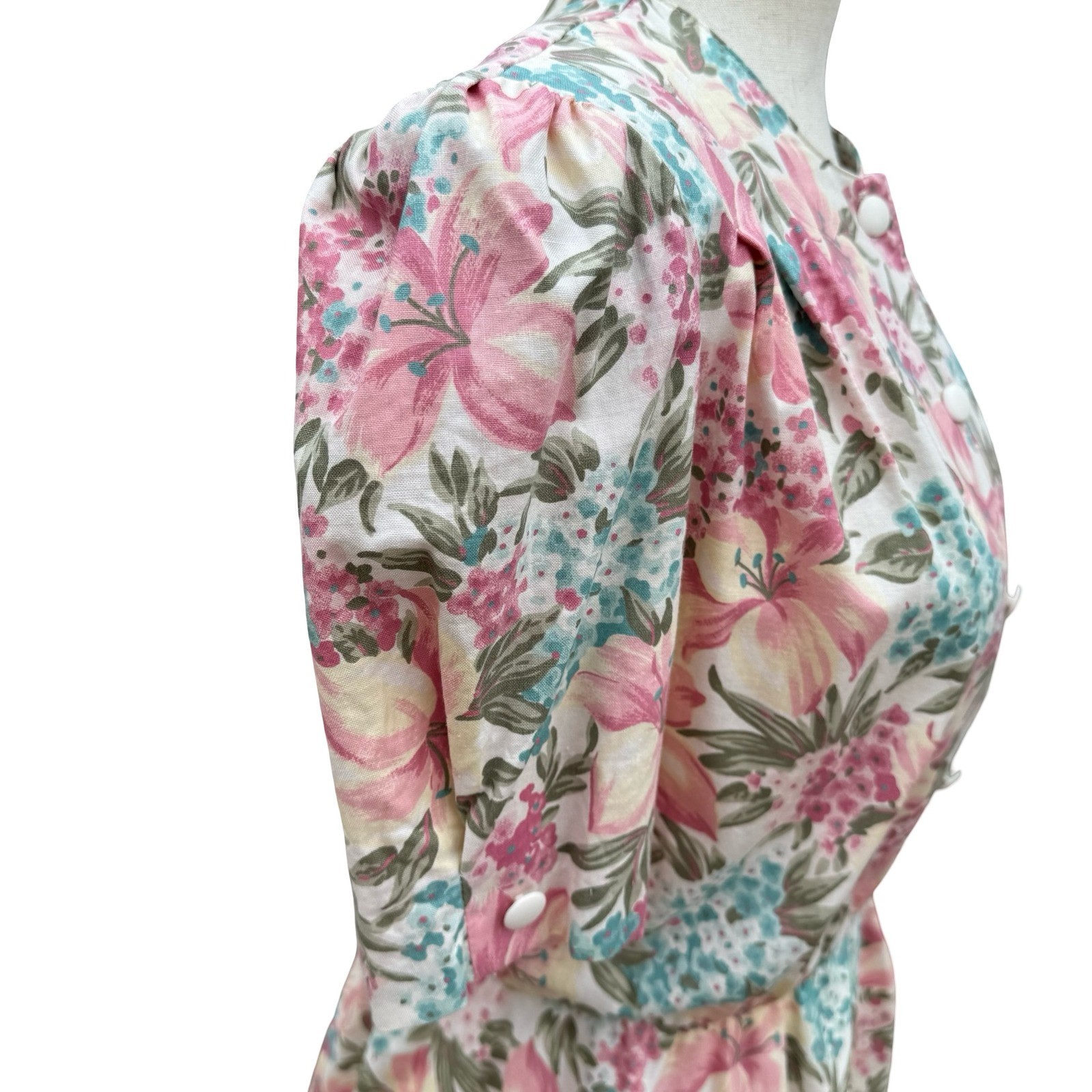 California Looks Vintage 80s Floral Midi Dress Pink Blue Cotton Petite 6P USA