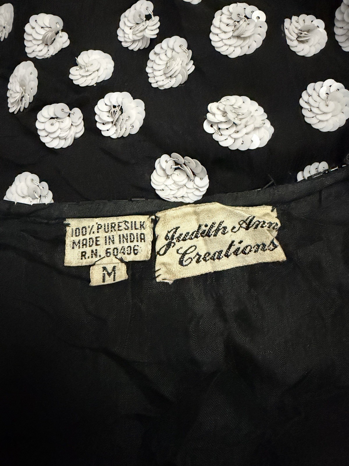 Vtg Judith Ann Creations 100% Silk Beaded Sequin Jacket Black White Polka Dot M