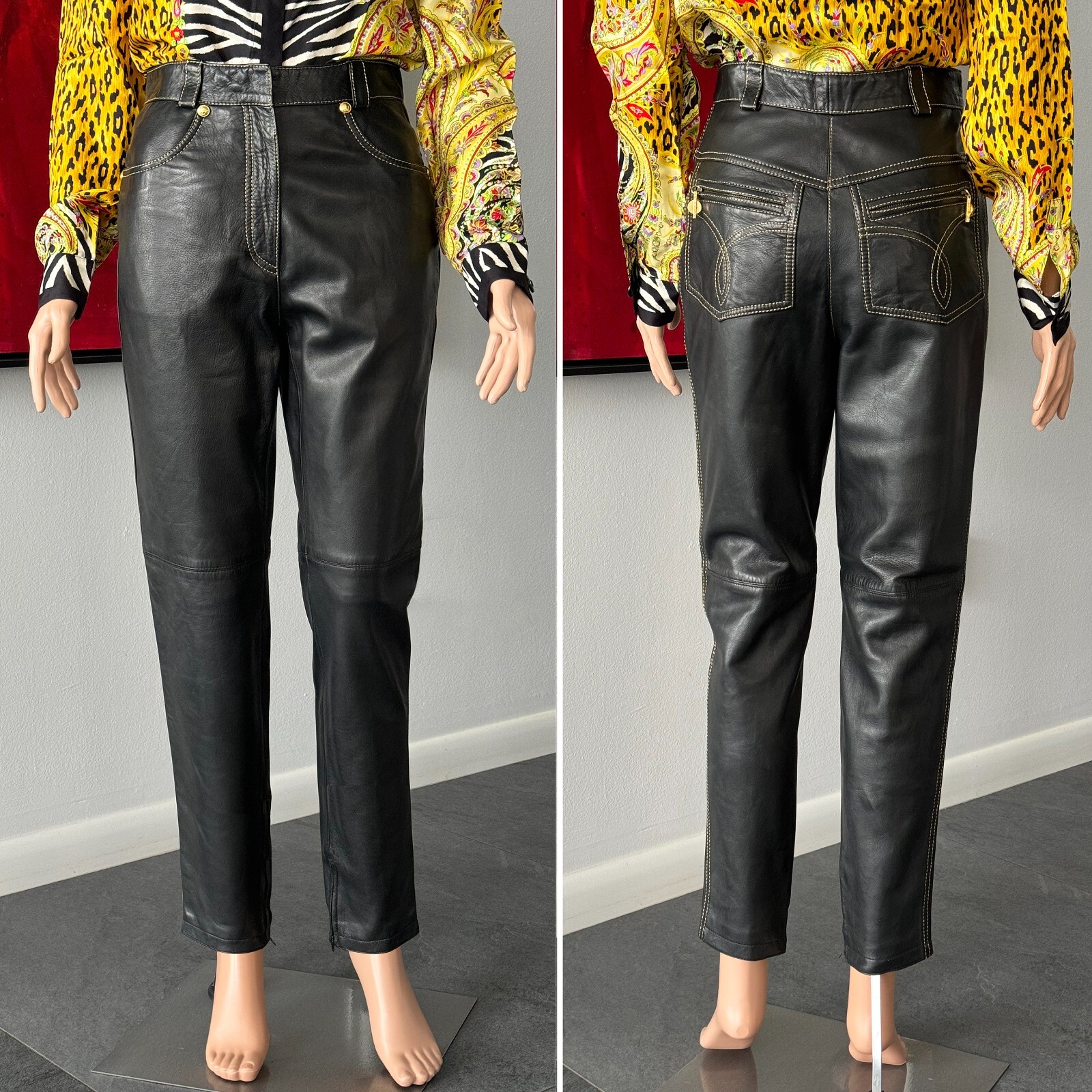 GIANNI VERSACE black leather pants w/ gold stitch size IT 42 from F/W 1992/93