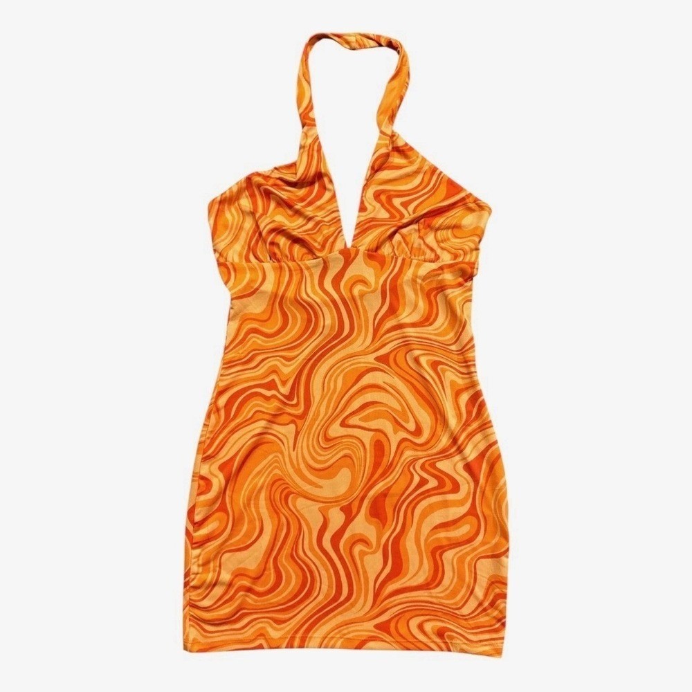 NWT H&M Retro Orange Swirl Halterneck Mini Dress Size M Party Rave Costume Women
