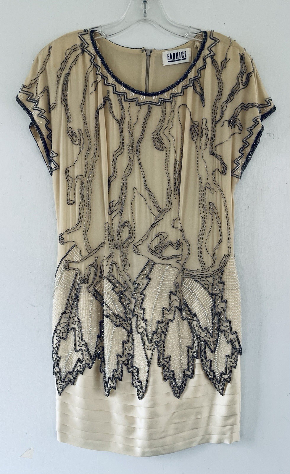Vintage Fabrice Simon 1980s Beaded Handmade Silk Dress w/ Leaf Motif Over Skirt