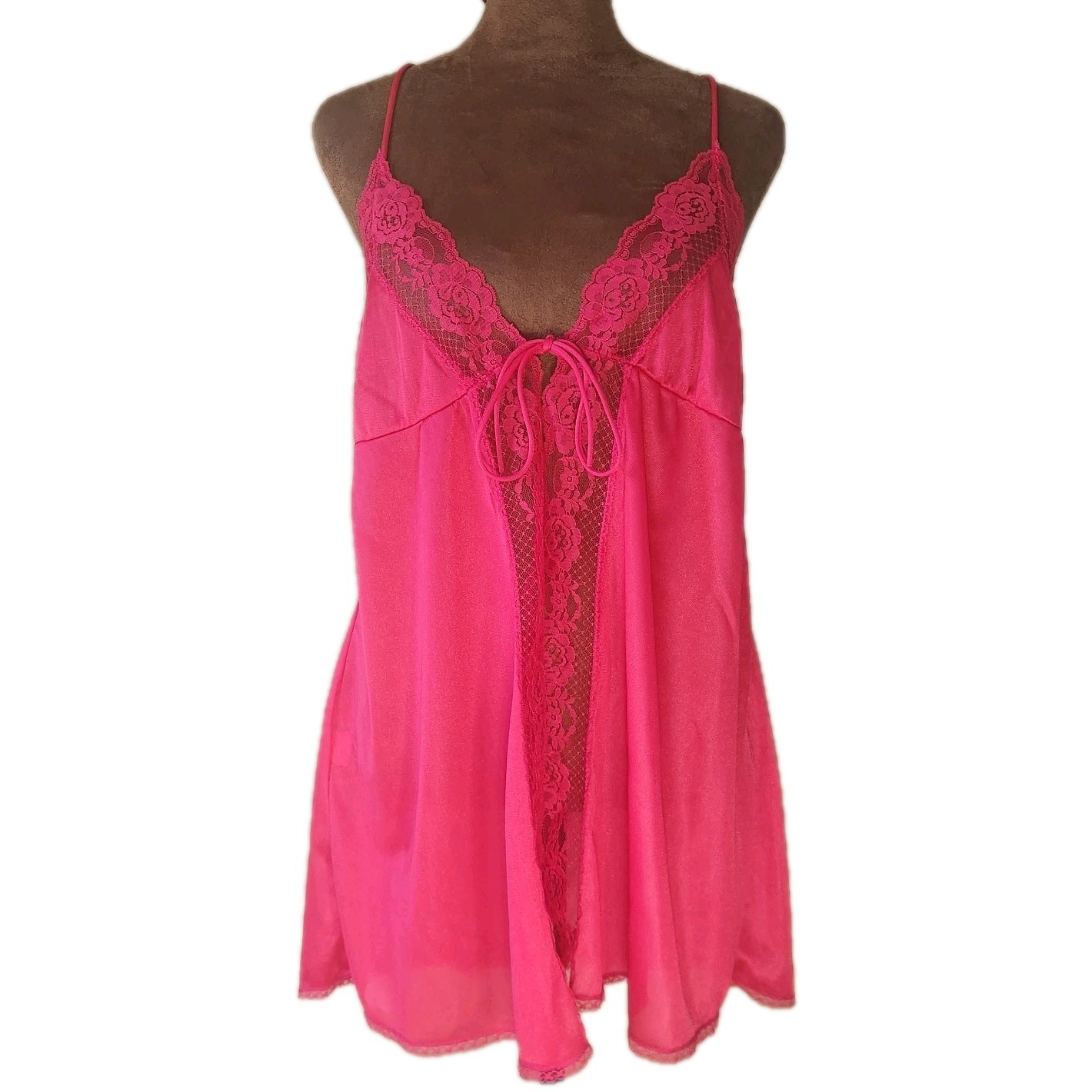 Vtg Undercover Wear Babydoll Camisole Top Lace Lingerie Reddish Pink Tie Front