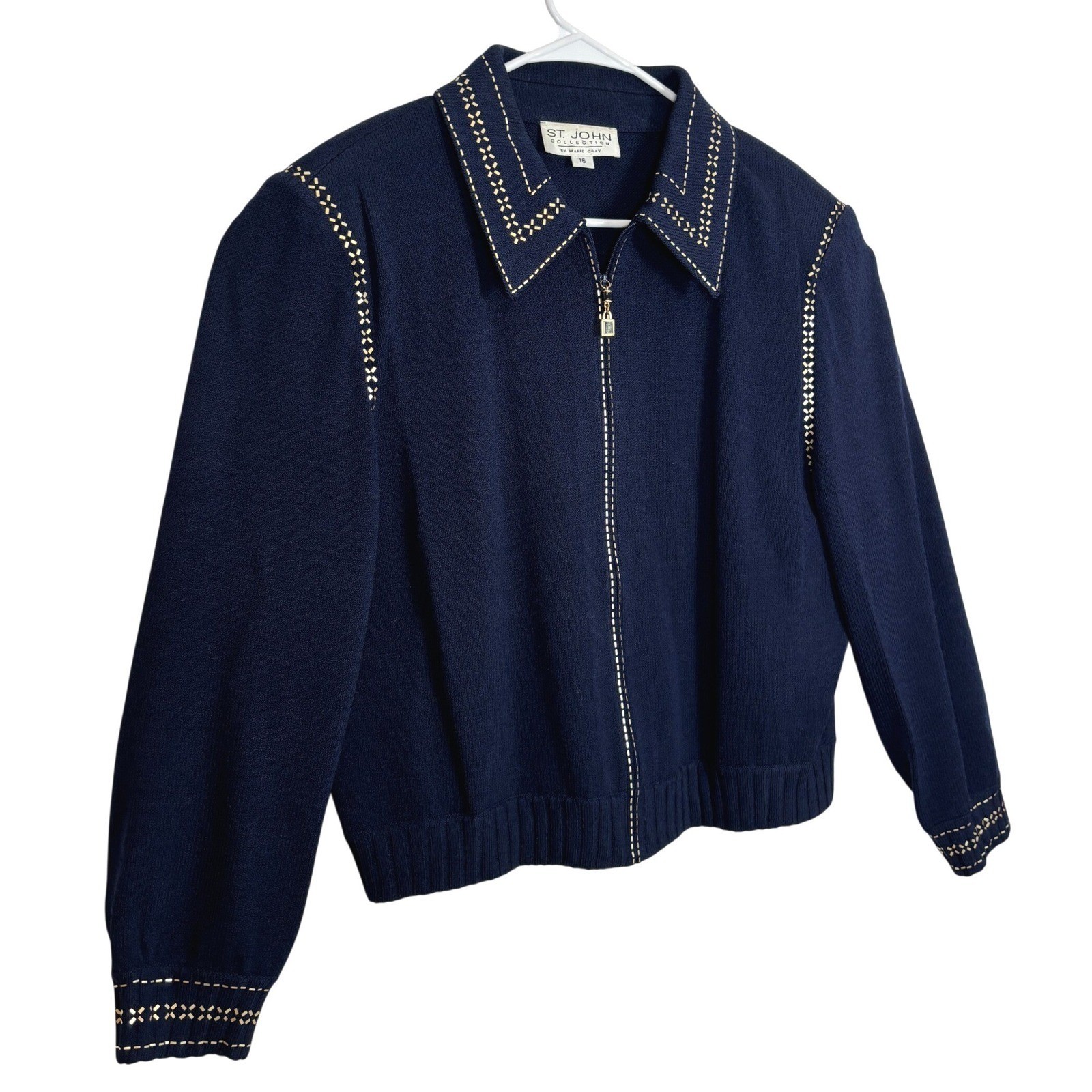 Vintage St. John Collection Knit Jacket Women 16 Navy Blue Gold Studded Zip Up