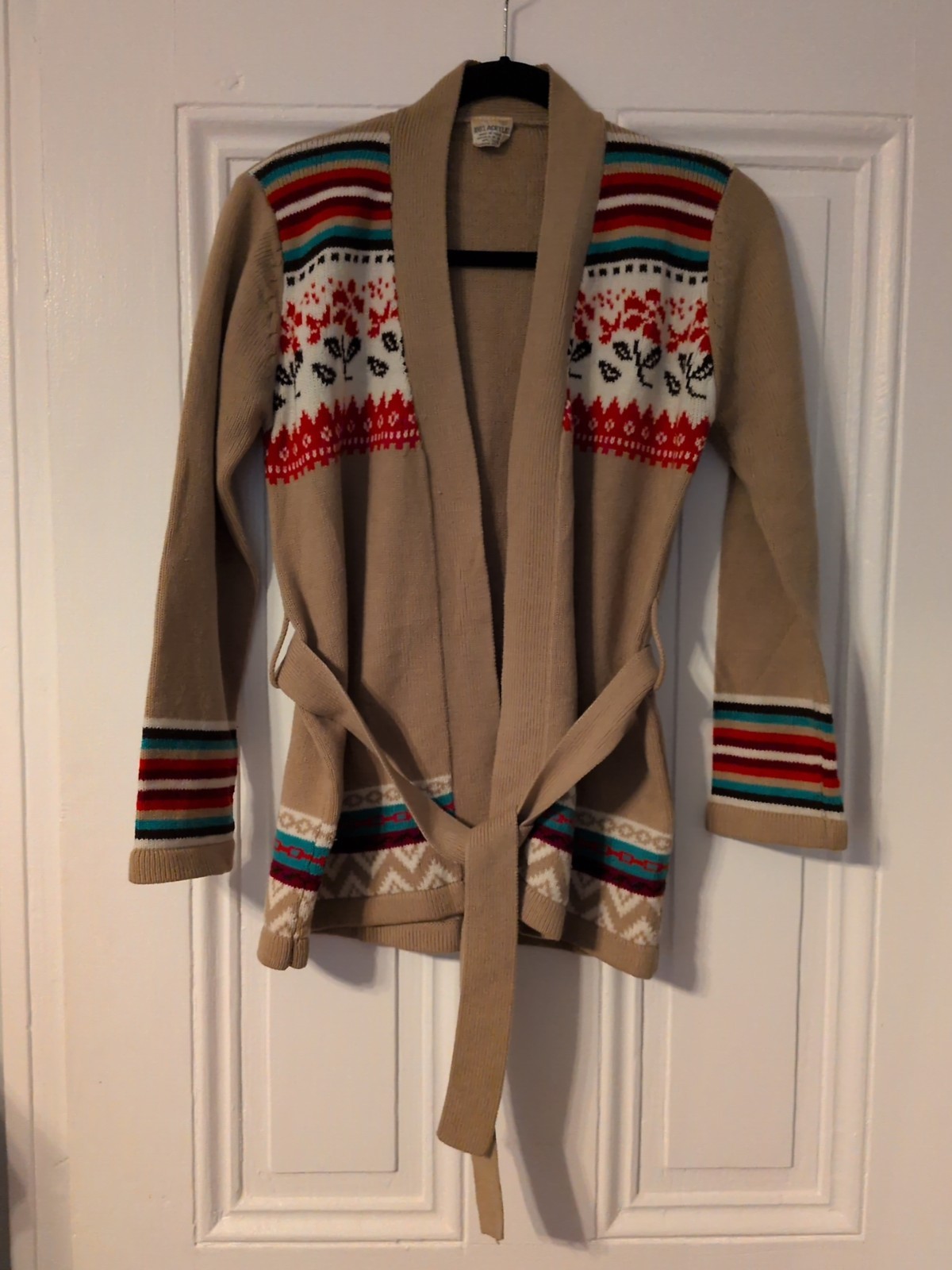 Acrylic Rayon Collar Sweater Vintage 70s Nature Aztec Print, Brown With Belt