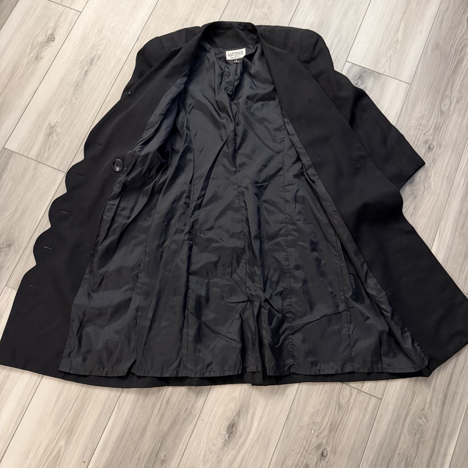 Vintage Kasper For ASL Lined Coat Dress Scalloped Trim Front Size 6 Black