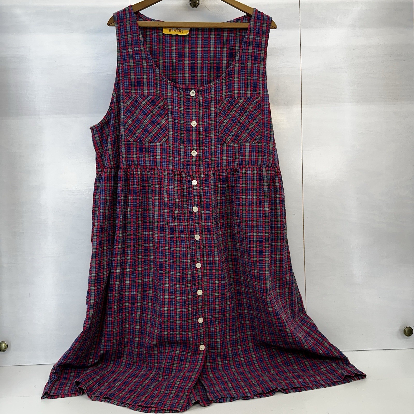 VTG CST Sport Babydoll Dress Plaid Cottagecore Grunge Side Pockets Plus 2X READ