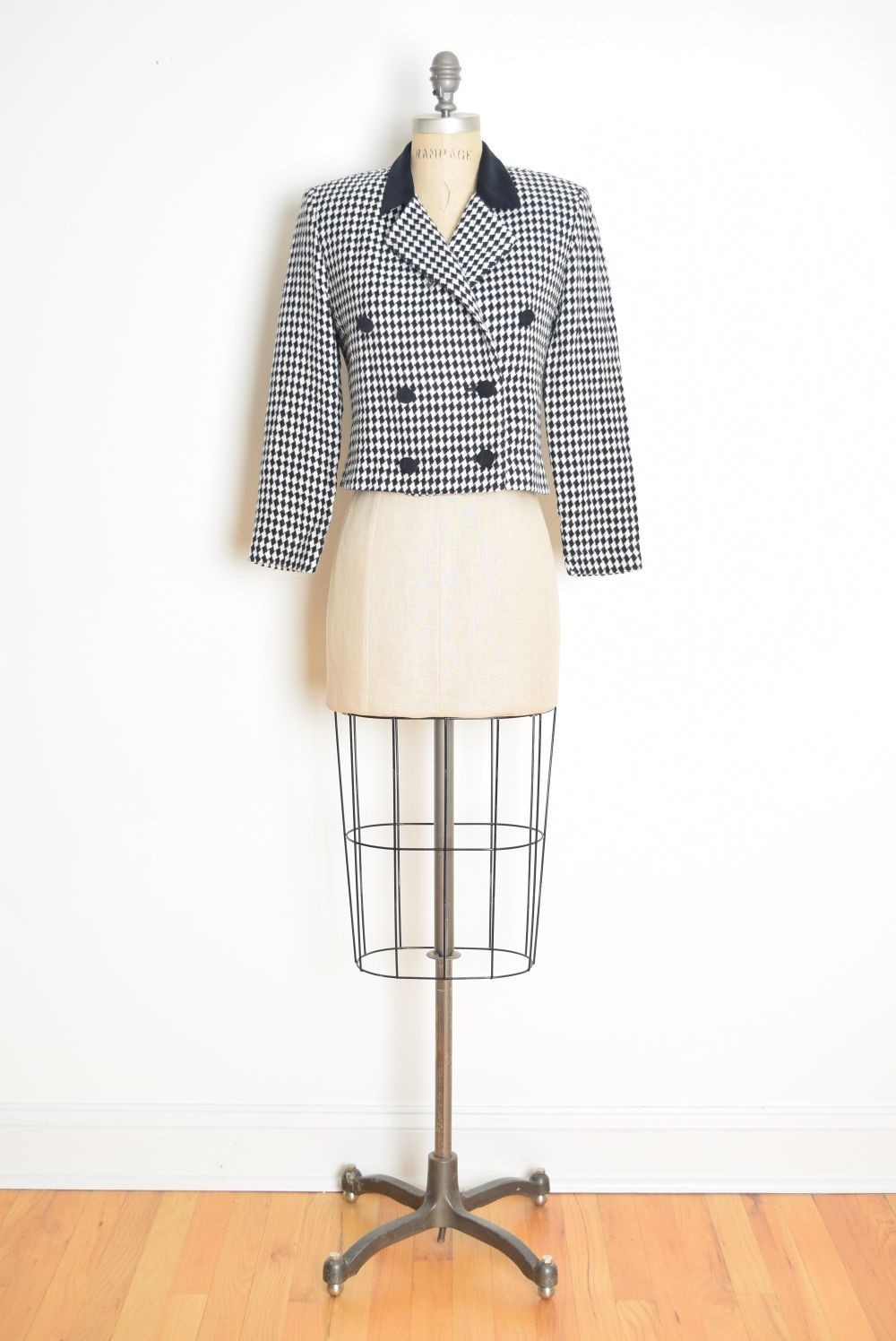 vintage 90s blazer black white diamond check cropped jacket top preppy S