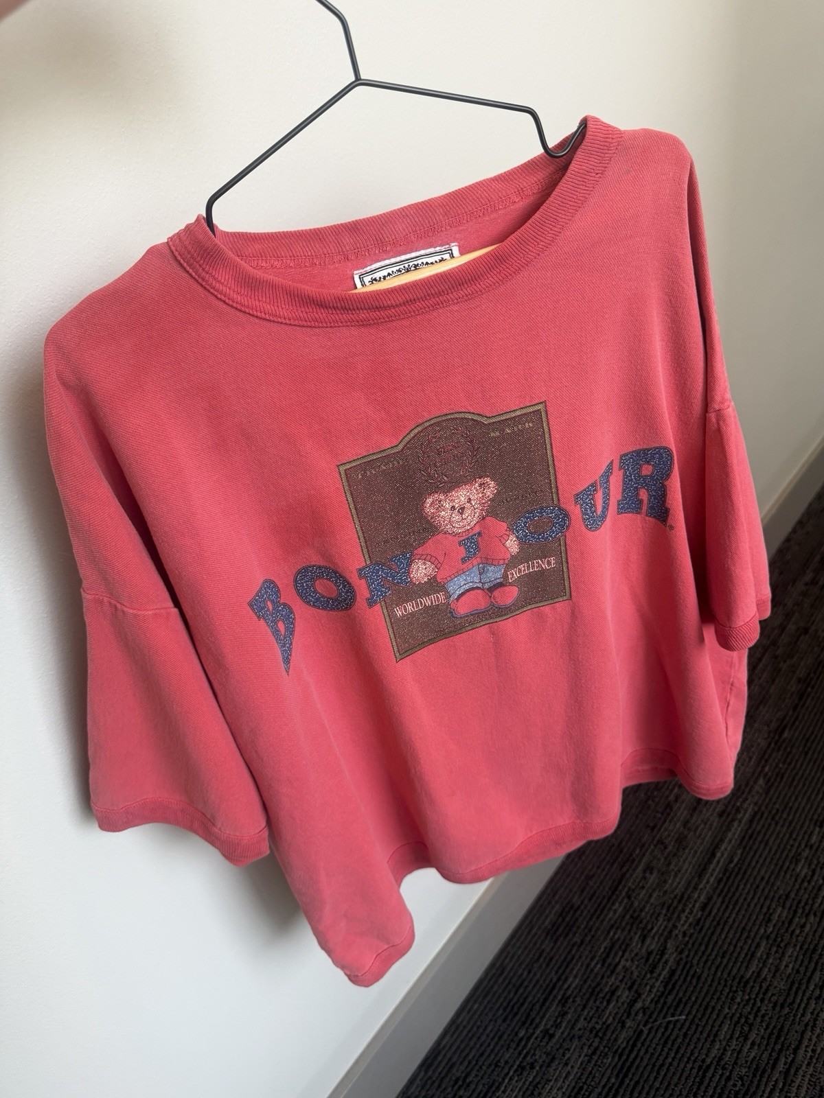 Vintage Bonjour Teddy Bear Graphic T-Shirt Pink Oversized 100% Cotton One Size