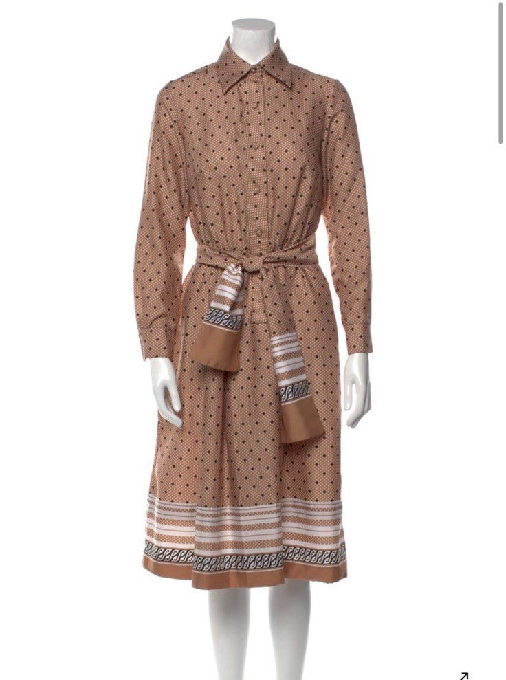 LANVIN Vintage 70s Women’s Brown Printed Polka Dot Dress – Sz Small