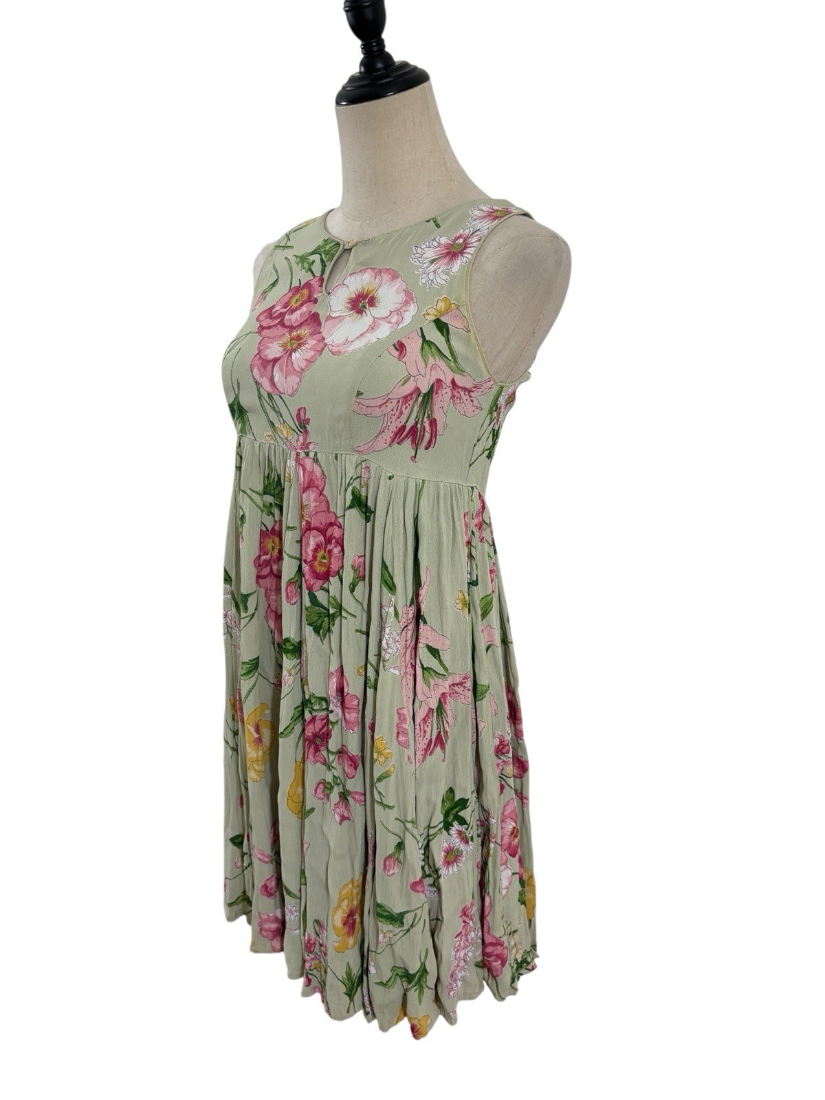 Vtg 90s Starina Babydoll Mini Dress Sz S Green Floral Grunge Garden Party Boho