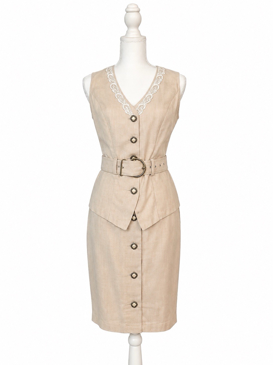 Vintage Linen Blend Skirt Suit Set Lace Trim Belted Cottagecore Coastal Size 3/4