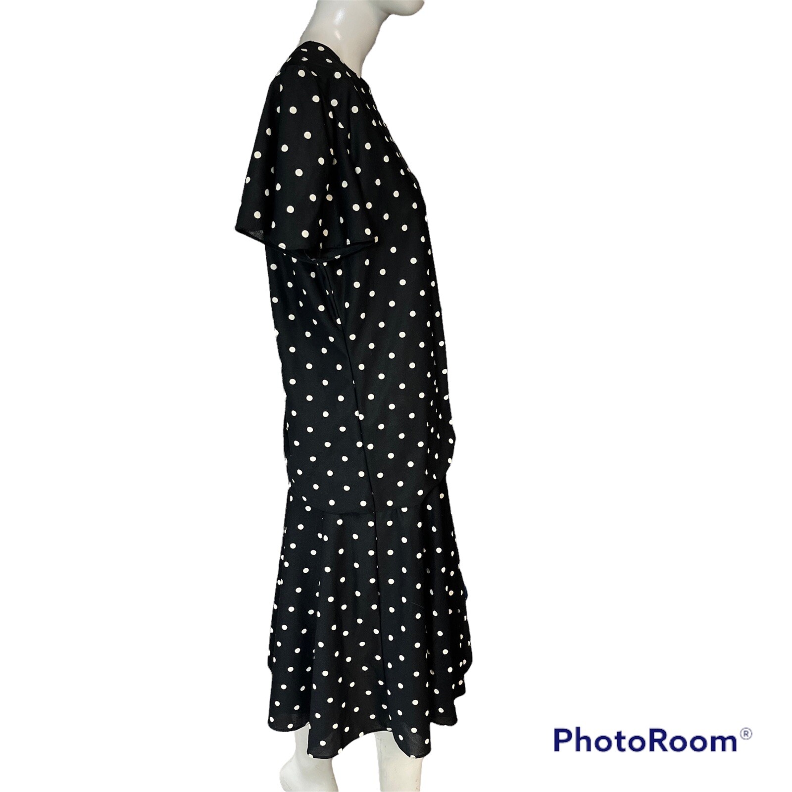 Vintage Black Dress Size 15 16 Black White Polka Dot Gathered Party Classic 80s